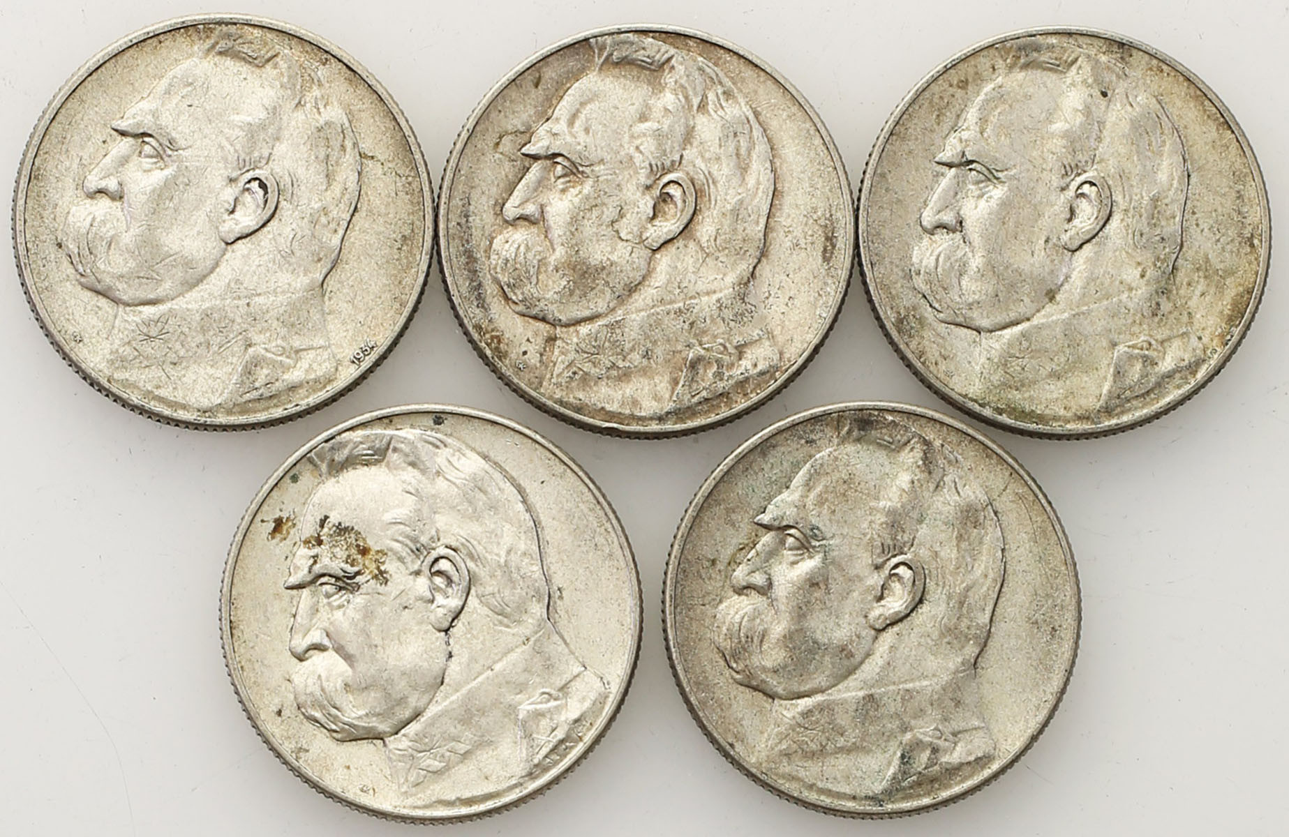 II RP. 5 złotych 1934-1935 Piłsudski, zestaw 5 monet